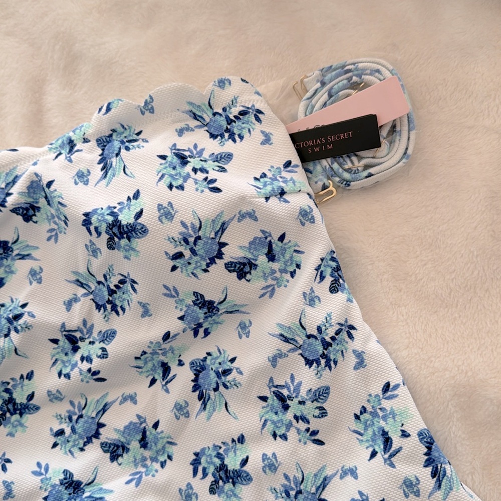 White and Blue Floral Victoria’S Secret Strapless One Piece Swimsuit